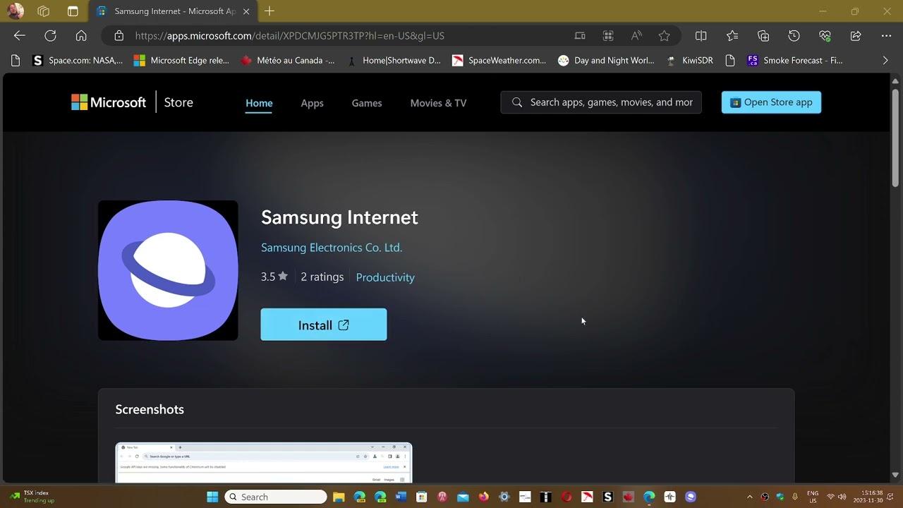 Interfaz de Samsung Internet para Windows