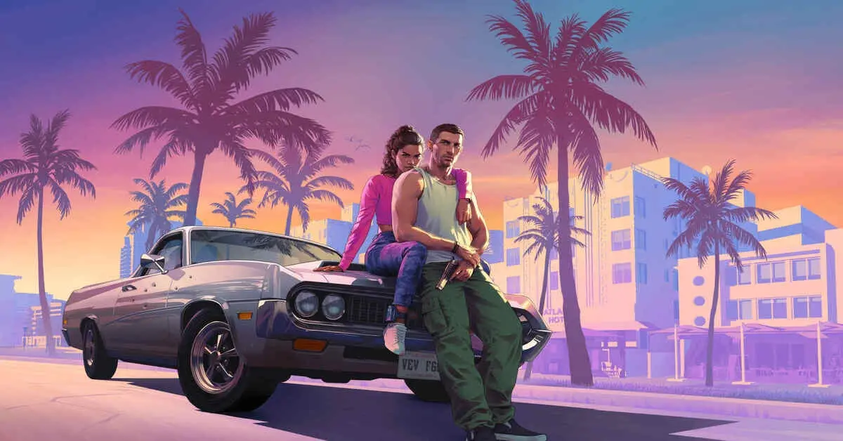 Ilustración de Grand Theft Auto VI Vehículos y protagonistas en la portada de GTA VI