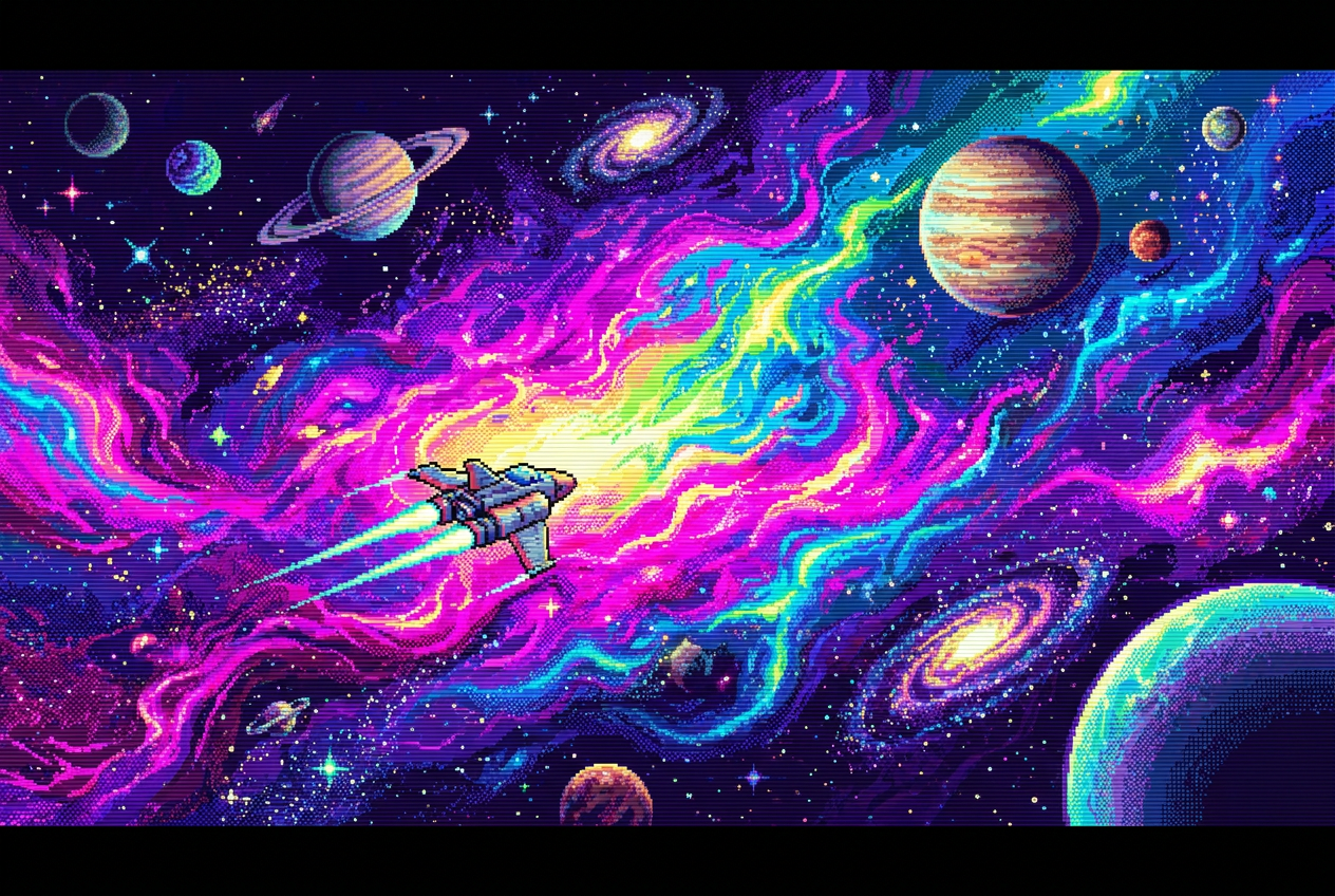 Nave espacial viajando a través de una nebulosa interestelar vibrante y colorida con planetas lejanos, estética de videojuego de 16 bits.