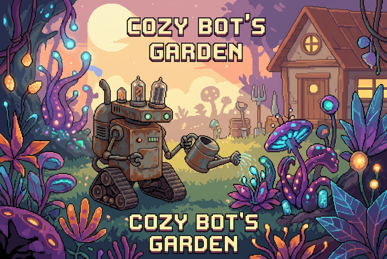 Pequeño droide de asistencia personal retro-futurista trabajando en un jardín alienígena colorido, estilo pixel art.
