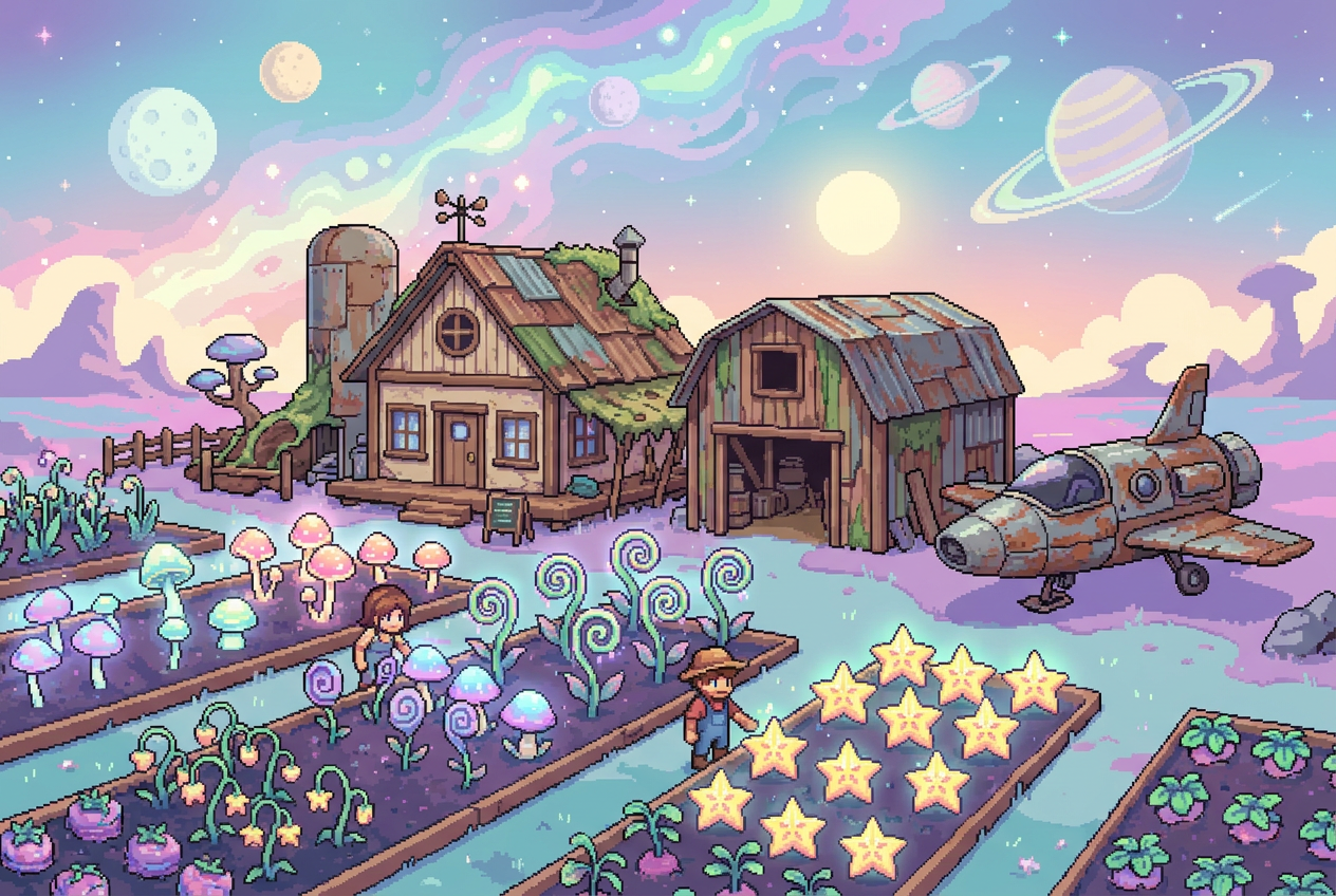 Granja interestelar acogedora en un planeta alienígena con cultivos brillantes y una nave espacial oxidada, estilo pixel art de 16 bits.