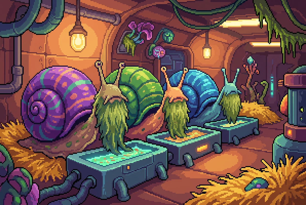 Primer plano de ganado alienígena exótico, como caracoles gigantes con barba, en un establo futurista acogedor, estilo pixel art.