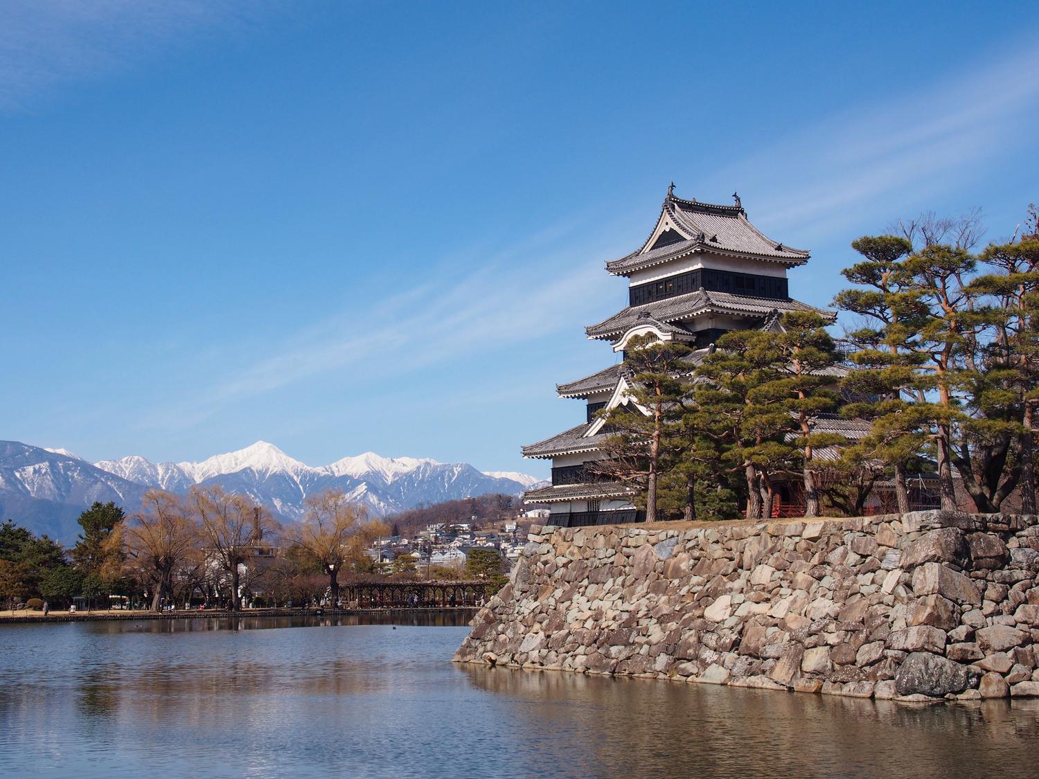 Vista panorámica del castillo de Matsumoto en Japón, rodeado de montañas nevadas, ambientando el escenario histórico del juego. Vista panorámica del castillo de Matsumoto en Japón, rodeado de montañas nevadas, ambientando el escenario histórico del juego.