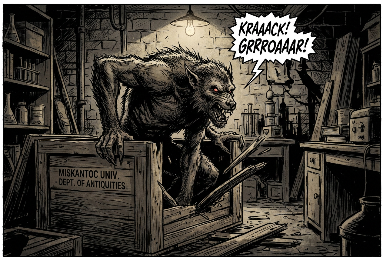 Criatura monstruosa, mezcla de simio y lobo, emergiendo de una caja de madera en un sótano oscuro, estilo de arte de cómic de terror.