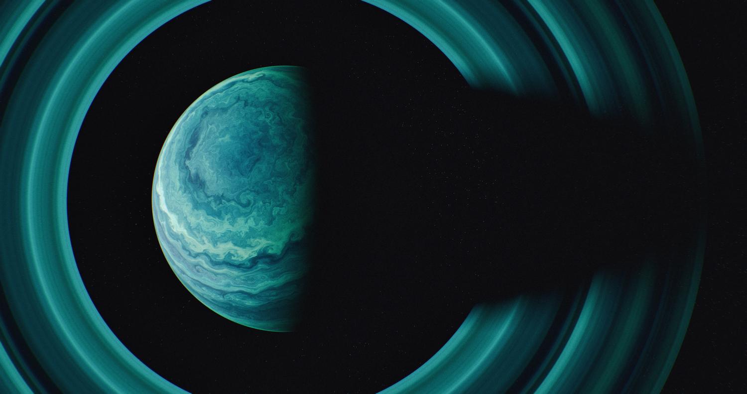 Vista cinematográfica de un planeta con anillos en el espacio profundo, representando el contexto espacial de la franquicia.