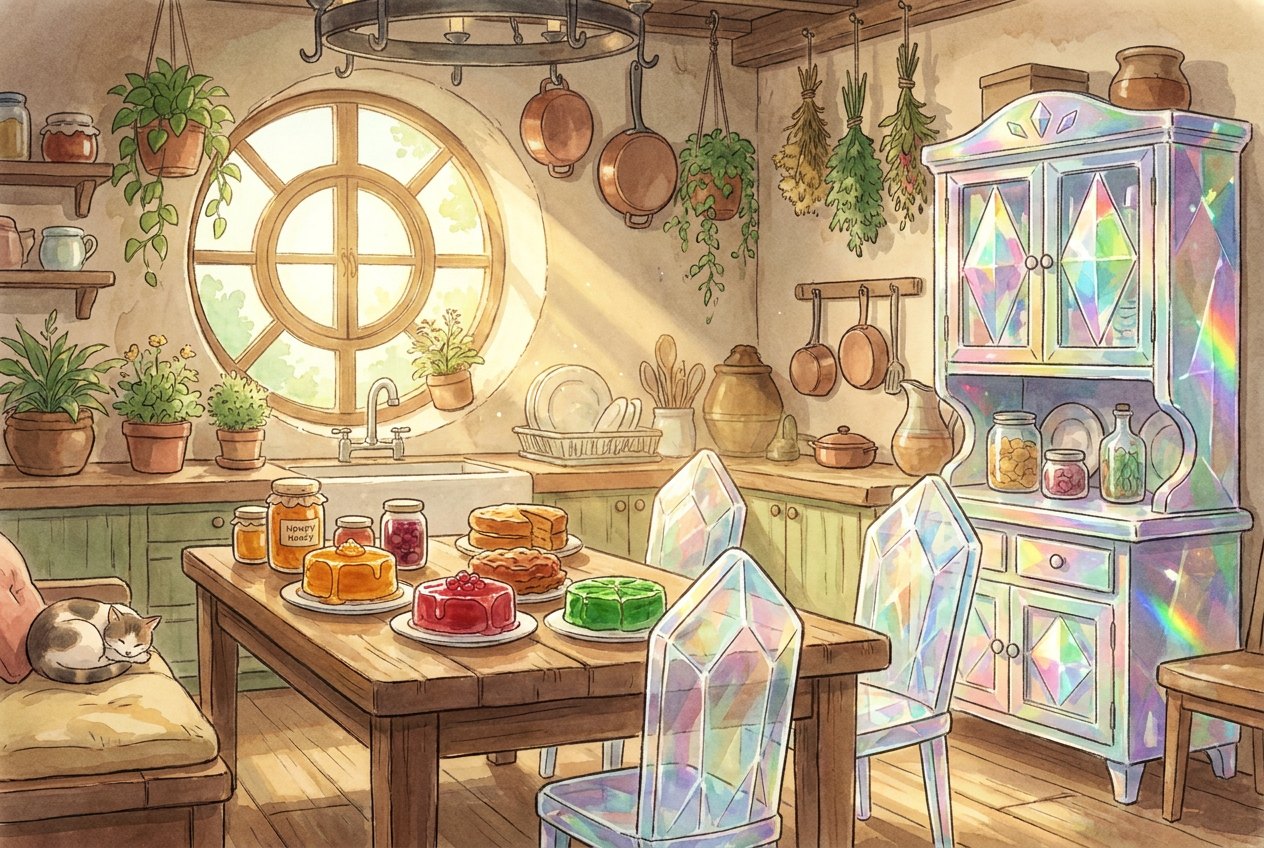 Cocina fantástica con pasteles de miel y muebles prismáticos, ilustrando la optimización de recursos y economía del juego.
