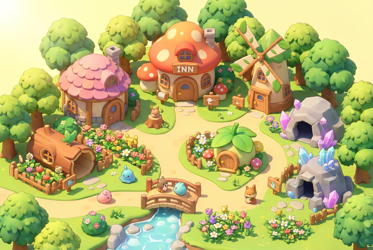 Vista isométrica 3D de una villa Pokémon acogedora con hábitats coloridos y jardines, ilustrando la simulación de vida.