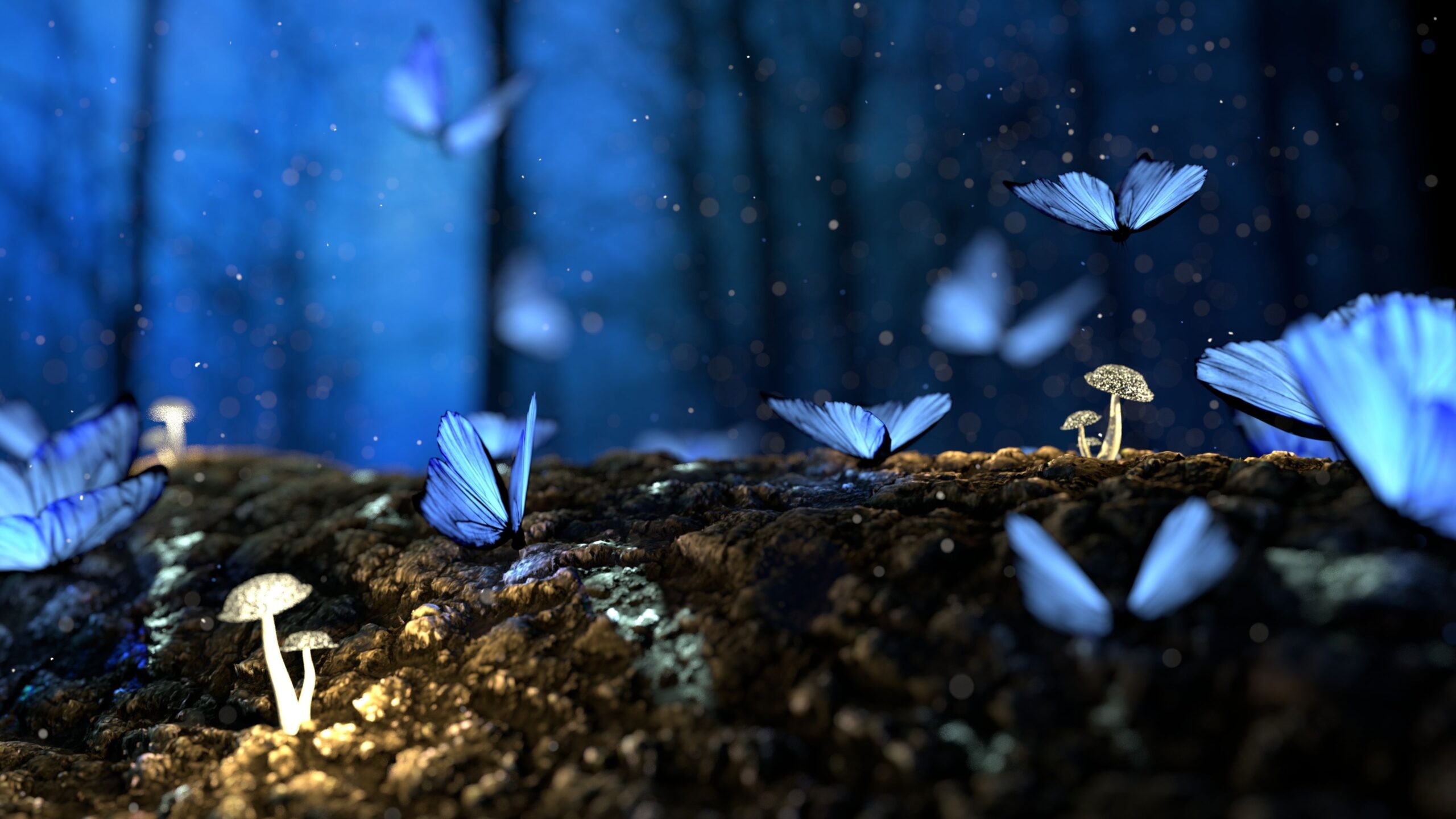Bosque mágico con hongos bioluminiscentes y mariposas brillantes, representando los hábitats fantásticos de Pokopia.