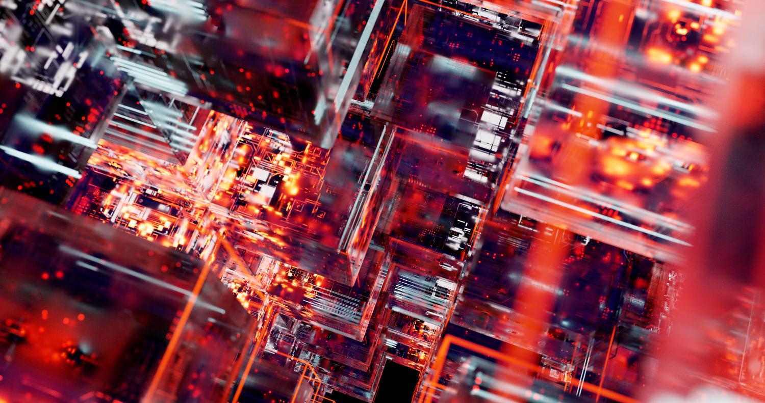 Visualización abstracta de un circuito digital con luces LED, ilustrando la configuración técnica y la infraestructura de los nodos autónomos de la IA.