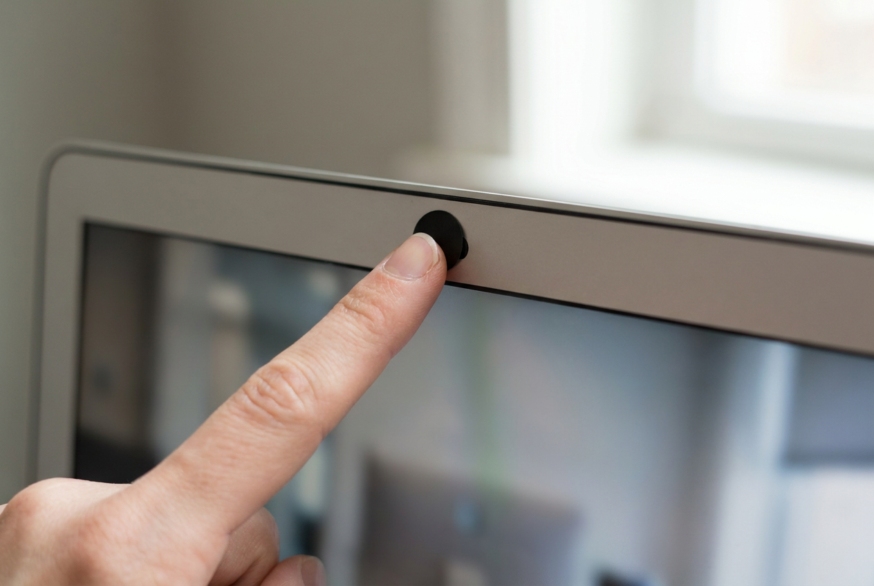 Primer plano de una mano colocando una pegatina opaca sobre la webcam de un portátil para garantizar la privacidad física.
