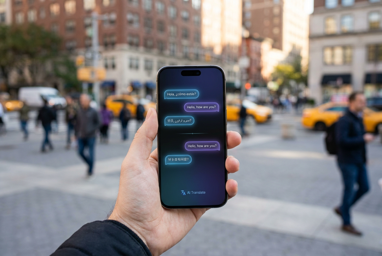Demostración de la Inteligencia Artificial de Apple con una interfaz de traducción en tiempo real en la pantalla de un iPhone.