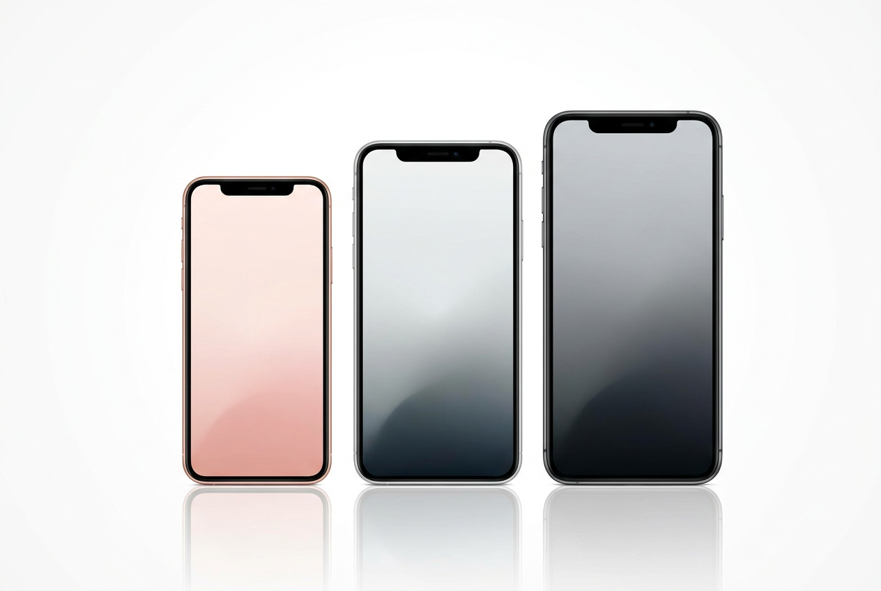 Conjunto de iPhones modernos de diferentes colores y tamaños, representando la amplia gama de dispositivos compatibles con iOS 26.