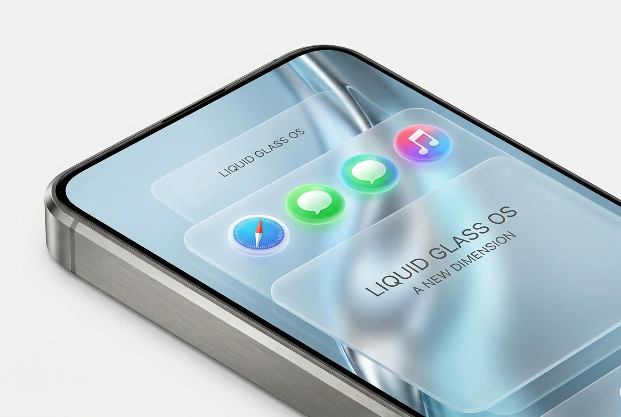 Representación visual del nuevo diseño Liquid Glass de iOS 26 con interfaces translúcidas y efectos de profundidad tridimensional.