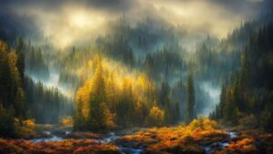 Paisaje de bosque místico con niebla y rayos de sol, evocando la alta fantasía de Tolkien en los JRPG