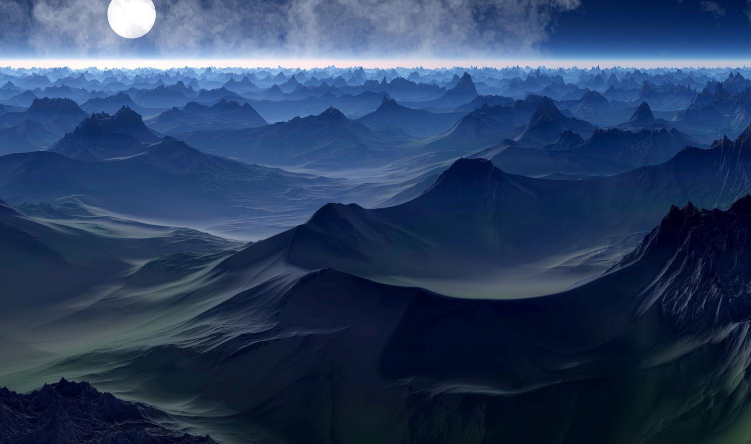 Vasta cordillera montañosa bajo la luz de una luna llena, representando la escala épica de los mundos fantásticos