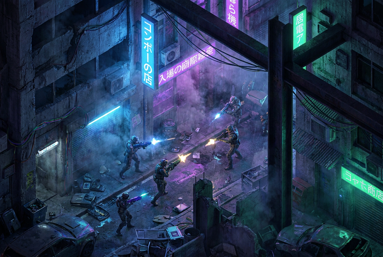 Mercenarios futuristas con equipo táctico luchando en un callejón urbano iluminado por neones.