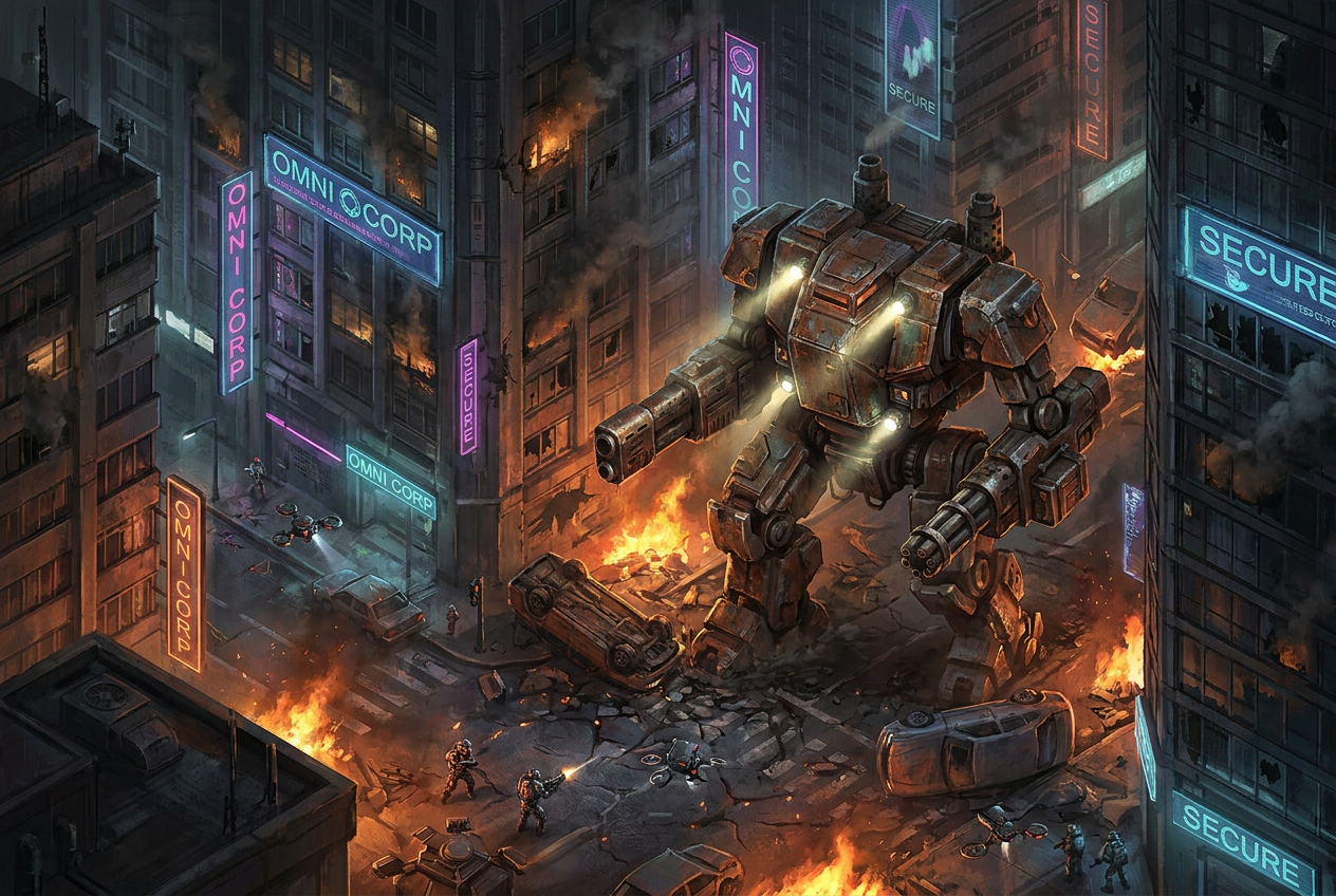 Vista isométrica de una ciudad cyberpunk devastada con un mecha industrial gigante caminando entre escombros y fuego.