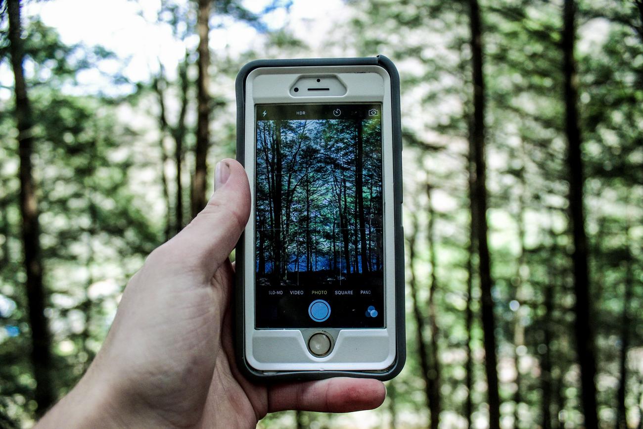 Persona utilizando la cámara de su móvil para capturar un paisaje natural, ilustrando el control manual de la fotografía móvil.