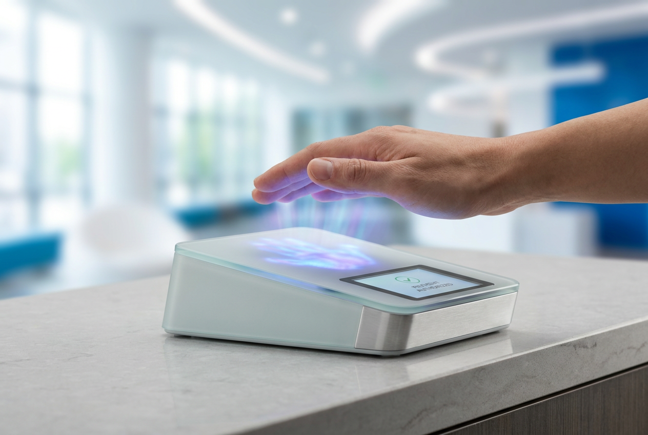 Representación tecnológica de un escáner biométrico de palma de la mano para pagos seguros y vanguardistas.