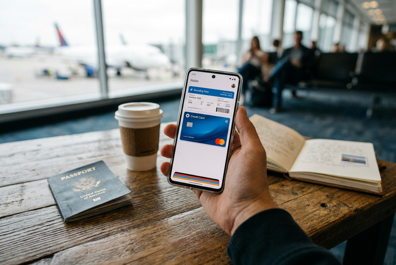 Concepto de viaje y tecnología: smartphone con cartera digital junto a un pasaporte en una zona de espera de aeropuerto.