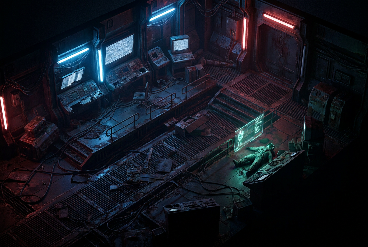Vista isométrica de una sala abandonada en una estación espacial futurista con superficies metálicas y luces de neón.