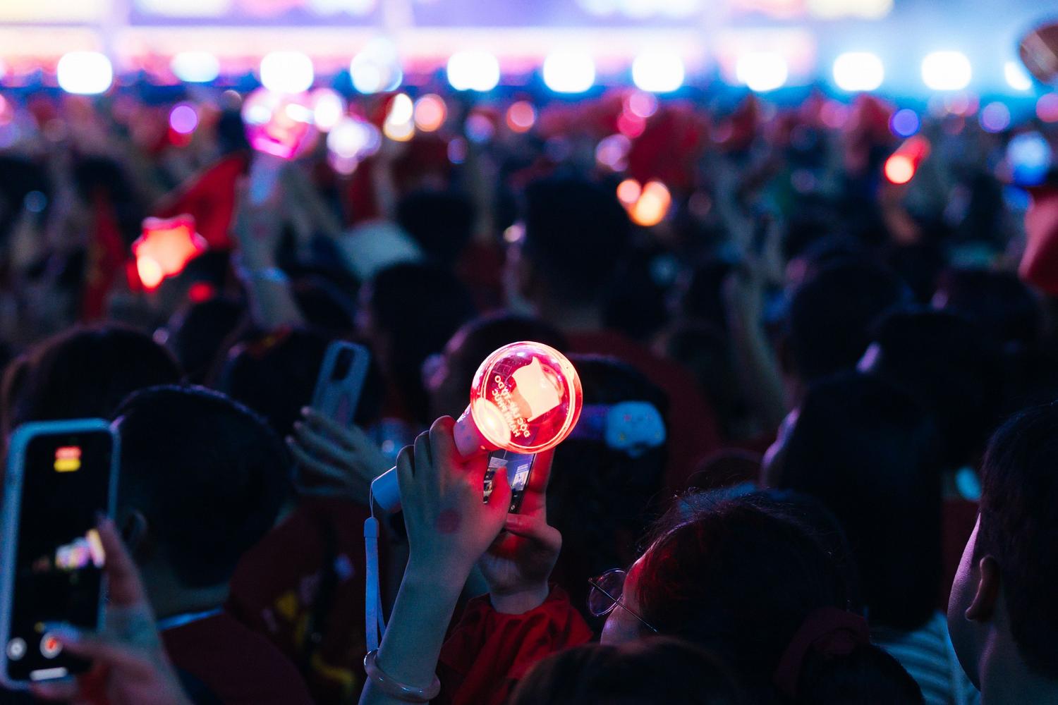 Multitud de fans en un concierto con lightsticks luminosos, ejemplificando la influencia de la cultura K-pop en el stanneo moderno.