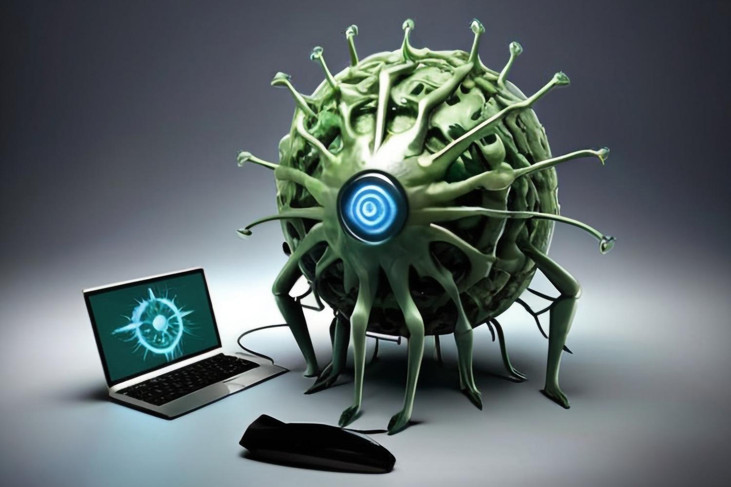 Ilustración conceptual 3D de un virus informático representado como un monstruo biomecánico infectando un ordenador portátil.