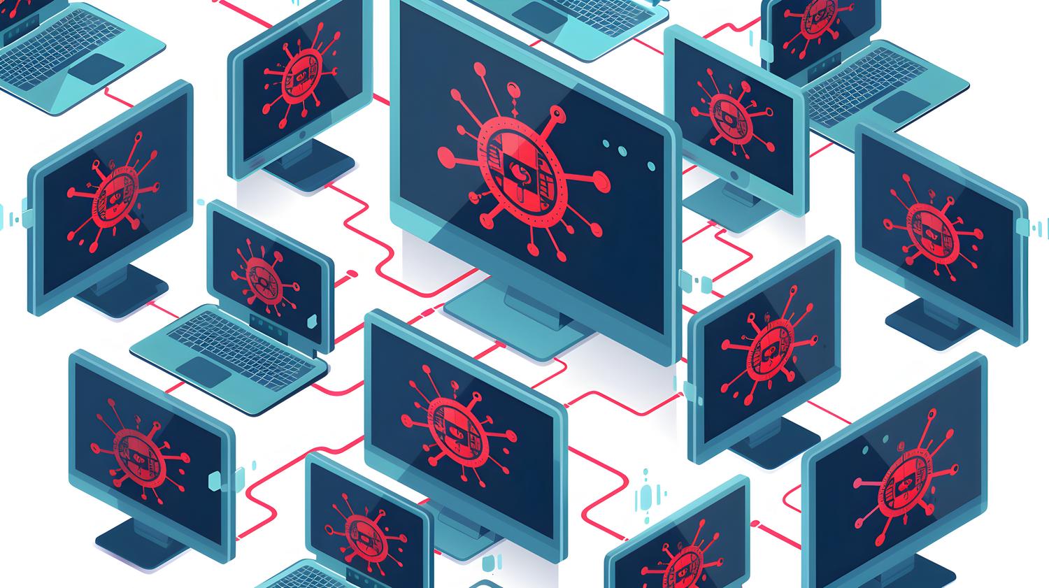 Icono 3D de una botnet gestionando múltiples dispositivos conectados por líneas rojas, ilustrando la propagación de virus en red.