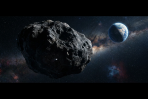 Representación artística de un asteroide masivo y rocoso navegando por el espacio profundo con la Tierra visible a lo lejos.