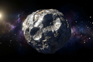 Representación realista en 3D del asteroide 16 Psyche, mostrando su forma irregular y superficie metálica plateada en el espacio profundo.