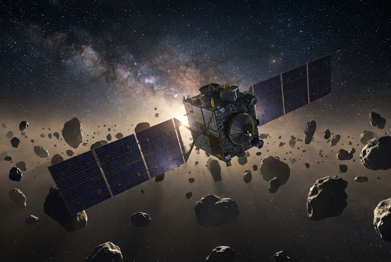 Renderizado detallado de la sonda espacial Psyche de la NASA navegando a través del cinturón de asteroides.