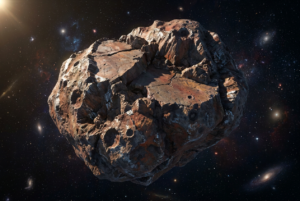 Representación artística del asteroide 20 Massalia, mostrando su forma irregular y composición rocosa de tipo S en el espacio profundo.