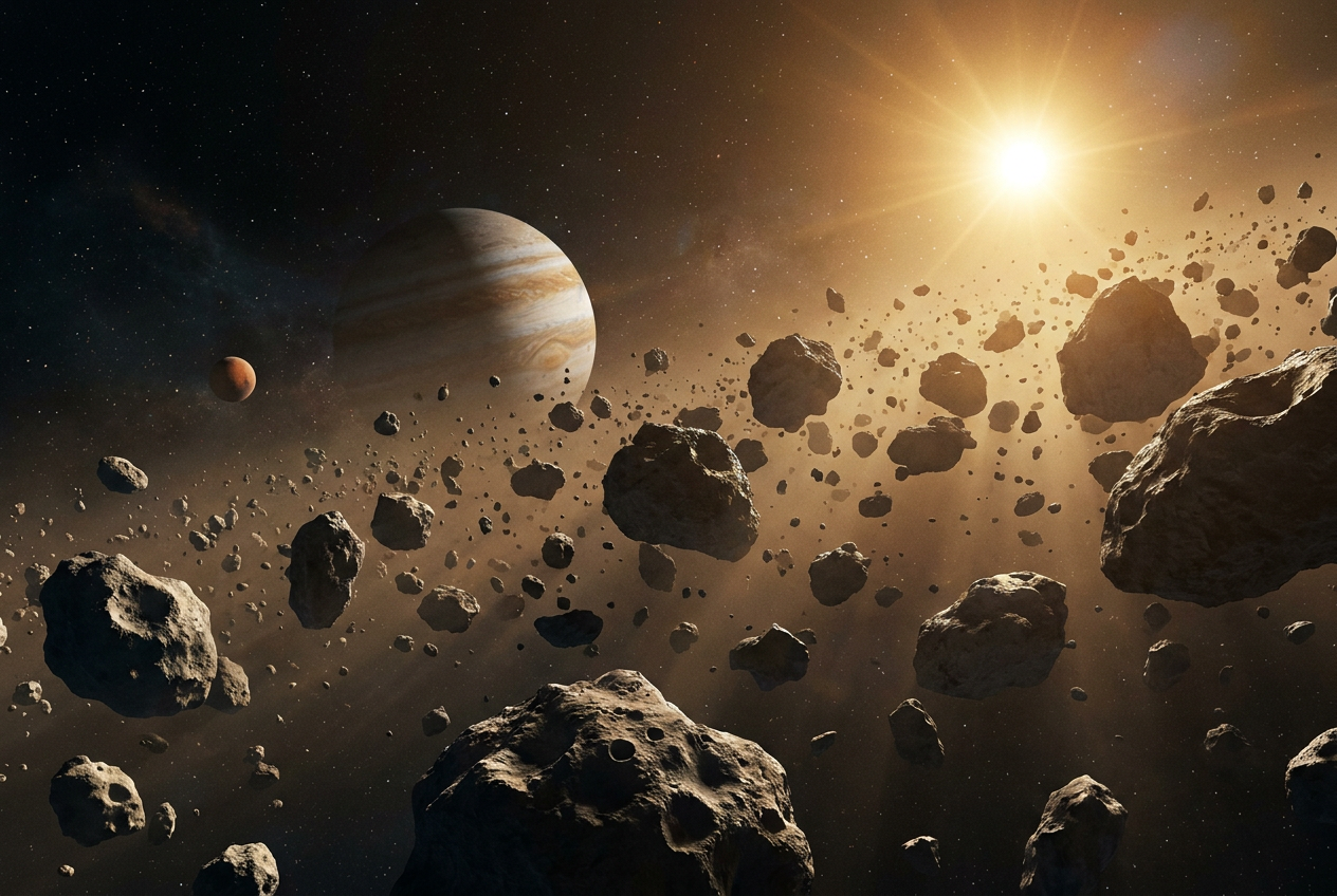Visualización científica del cinturón principal de asteroides situado entre Marte y Júpiter, donde se encuentra el asteroide 20 Massalia.