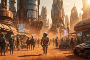 Astronauta caminando por un mercado futurista en Marte, ejemplo de la capacidad de generación de vídeo realista de Google Lumiere.