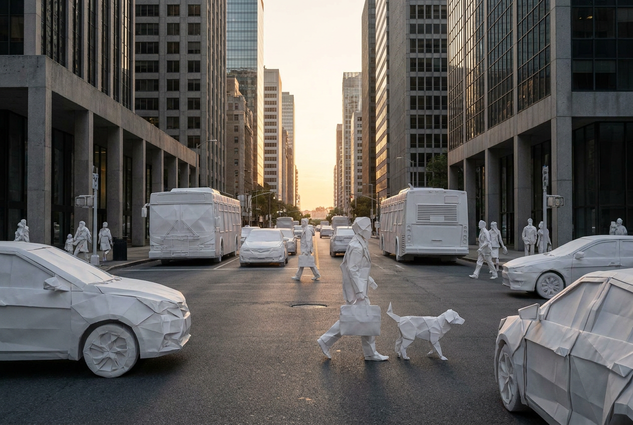 Calle de ciudad con personas y coches transformados en origami blanco, ilustrando la estilización de vídeo de Google Lumiere.