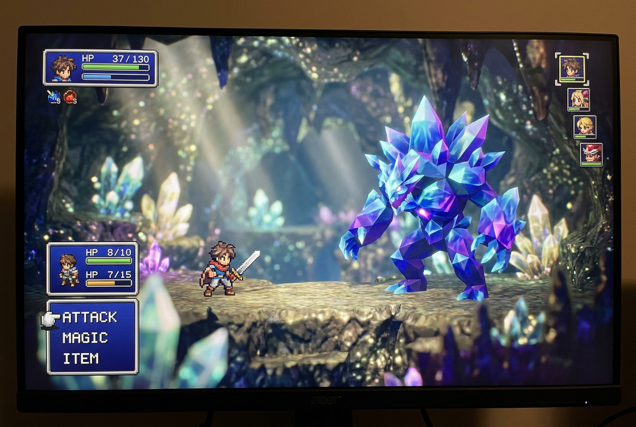 Batalla de videojuego HD-2D en una cueva de cristales brillantes con un héroe de pixel art enfrentando a un monstruo 3D.