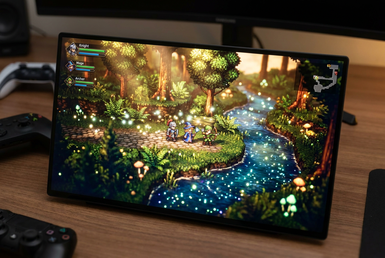 Paisaje de bosque exuberante en 3D con un grupo de aventureros en pixel art caminando por un sendero, estilo HD-2D con profundidad de campo.