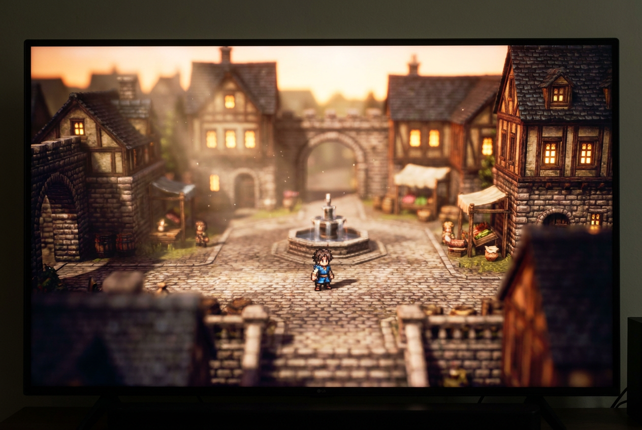 Escena de videojuego estilo HD-2D con un personaje de pixel art en una plaza de pueblo medieval en 3D con efecto diorama y luz dorada.