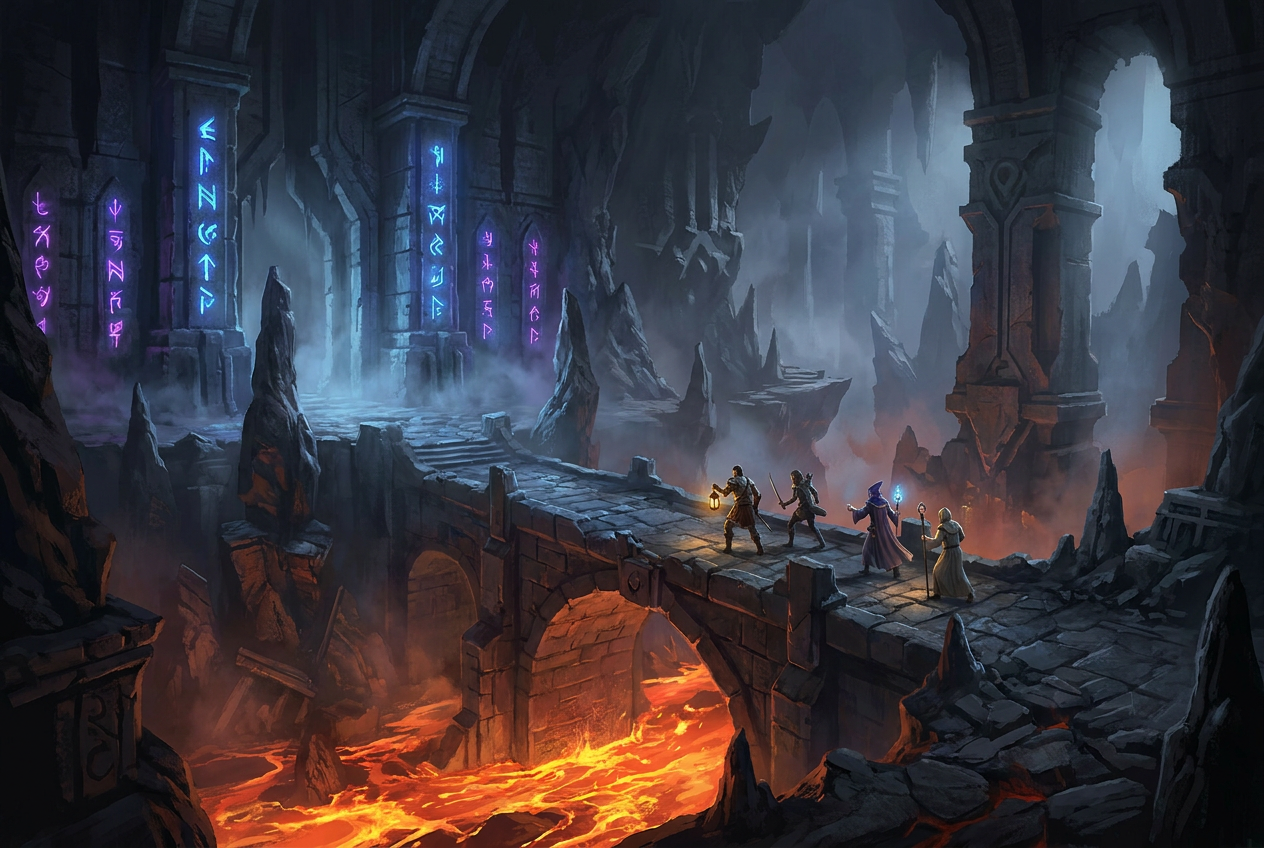 Paisaje cinematográfico de una mazmorra de MMO oscura y misteriosa con runas brillantes y un puente peligroso sobre lava.