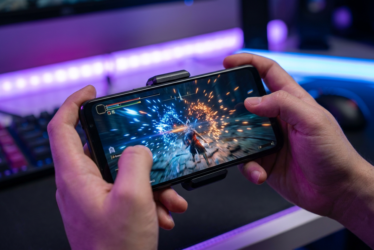 Imagen generada por IA de un smartphone Android de gama alta ejecutando un videojuego de alta fidelidad con gráficos vibrantes y fluidos.