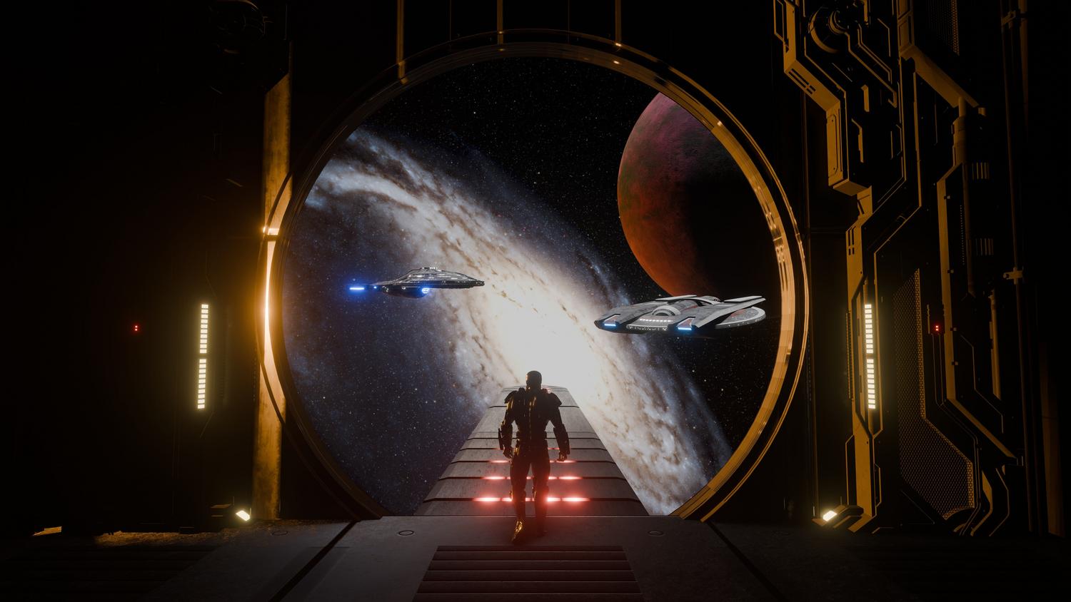 Puerta de enlace de un puerto espacial futurista con naves espaciales aproximándose a un planeta, ilustrando la creación de estaciones espaciales y el comercio galáctico.