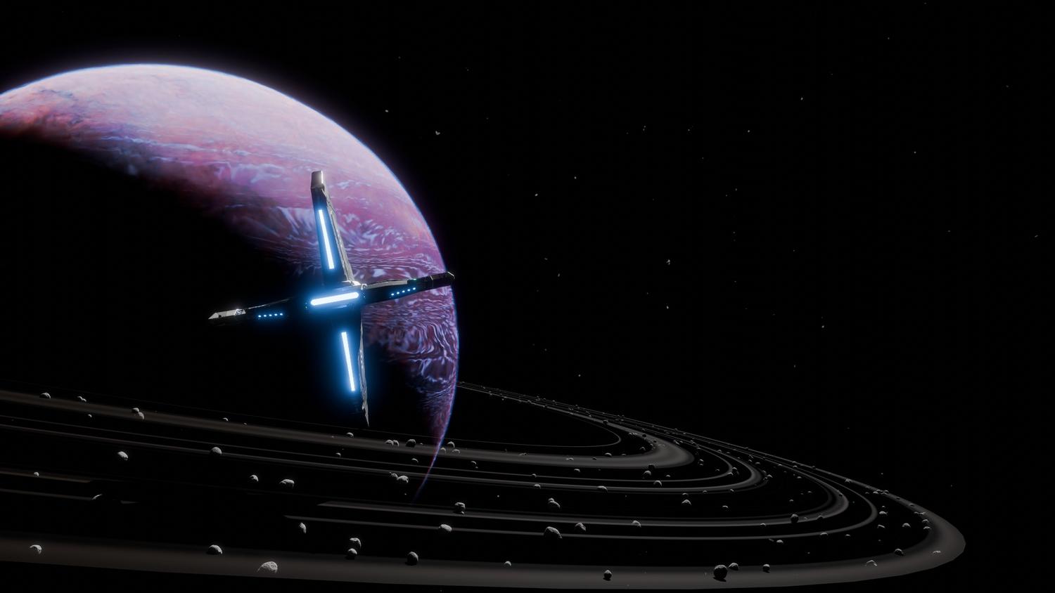 Una nave espacial futurista orbitando un planeta anillado en el espacio profundo, representando el sistema de exploración y expediciones Voyager del juego.