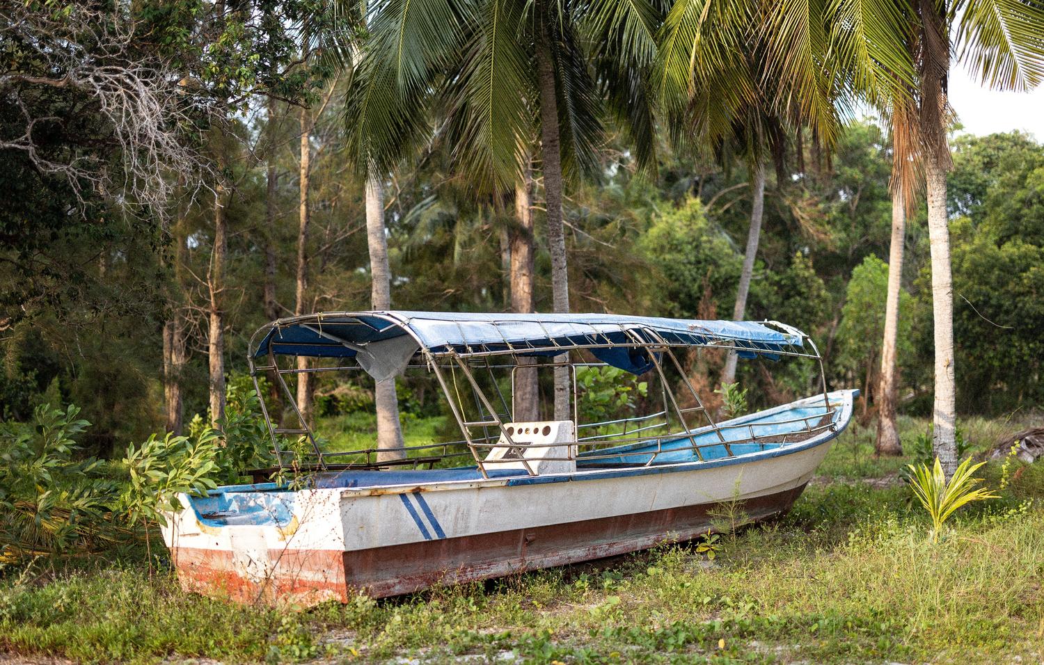 Una vieja embarcación oxidada y abandonada en medio de una selva tropical exuberante, evocando la sensación de una isla olvidada.