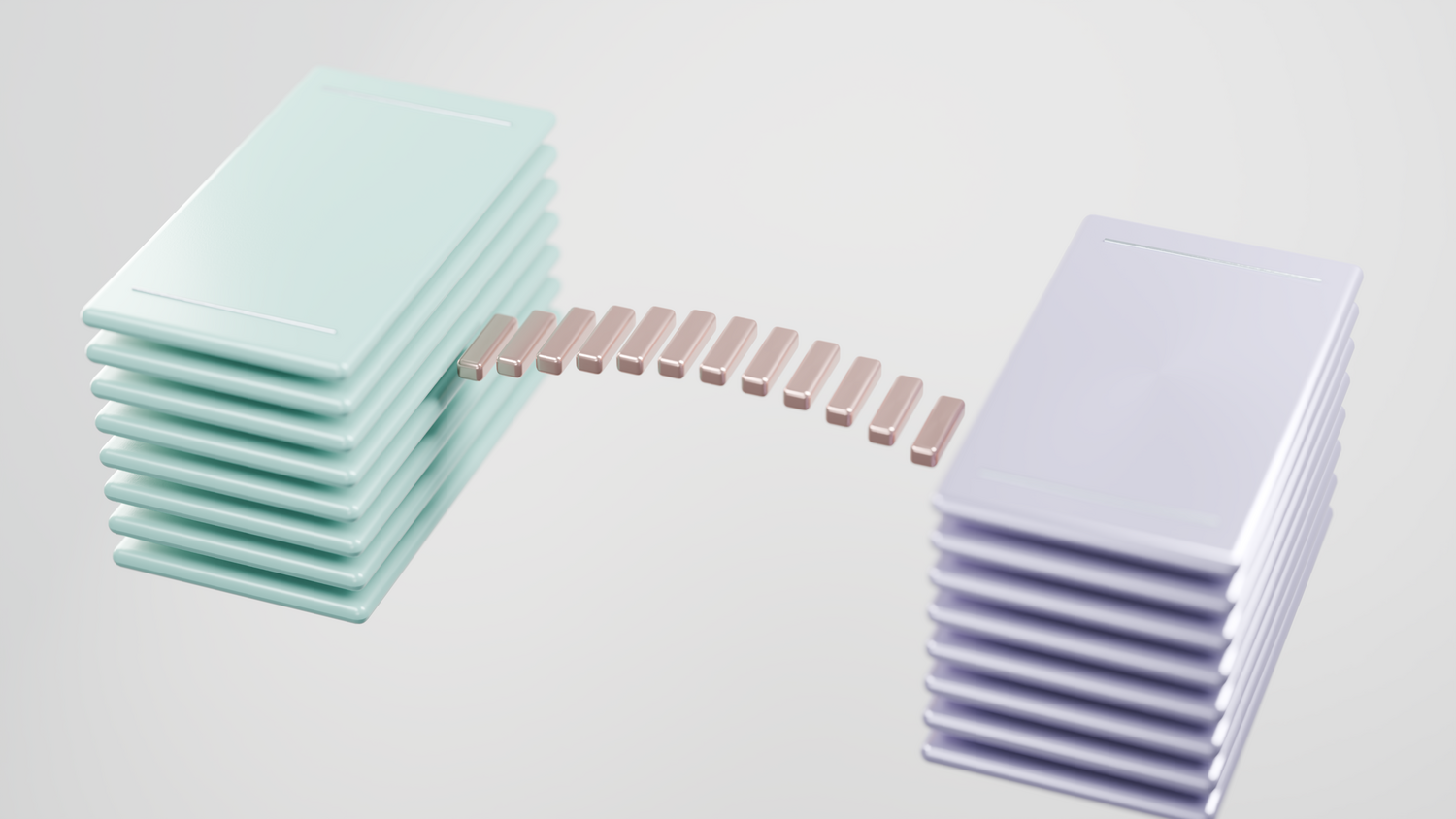Representación abstracta en 3D de transferencia de datos y conectividad entre plataformas digitales.
