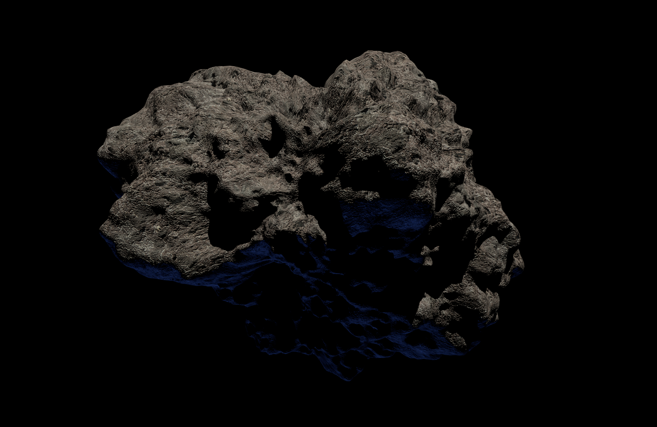 Detalle de la superficie rocosa y cráteres de un asteroide, proporcionando una imagen realista de la composición de estos objetos.