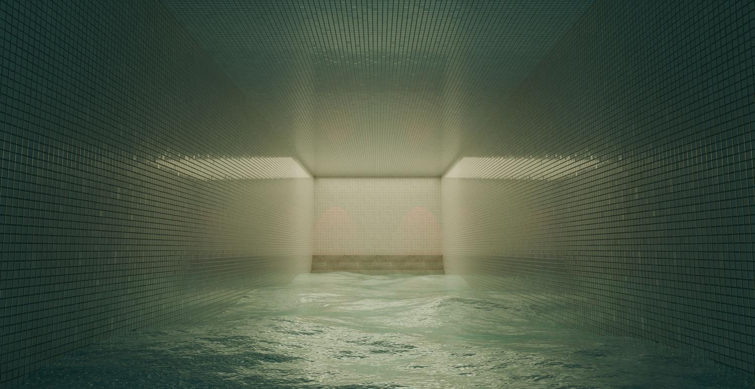 Piscina interior vacía con iluminación tenue, otro ejemplo clásico de espacio liminal relacionado con el contenido viral.