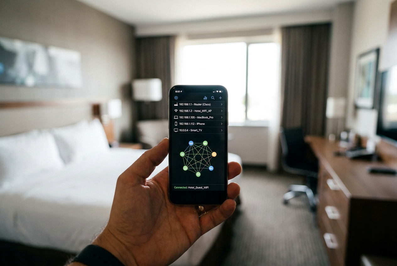 Uso de una aplicación de escaneo de red en un smartphone para identificar dispositivos sospechosos como cámaras IP.