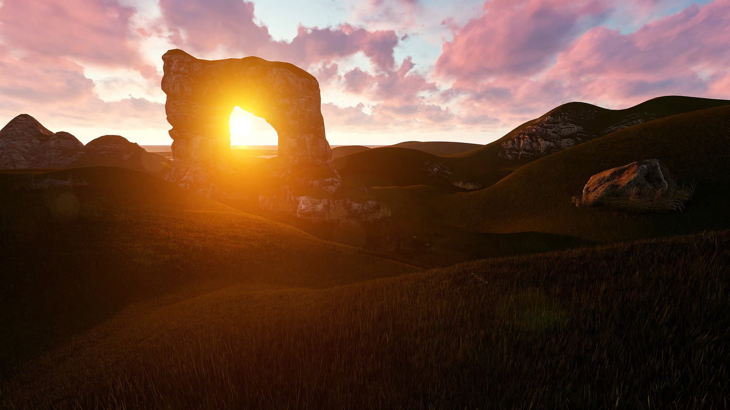 Paisaje natural fantástico con un arco de roca al atardecer, evocando la exploración de mundos abiertos.