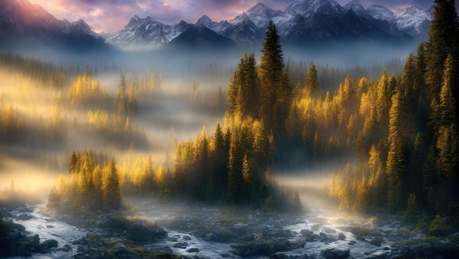 Paisaje fantástico con montañas nevadas, bosques brumosos y un río, evocando el mundo de Albión en Fable.