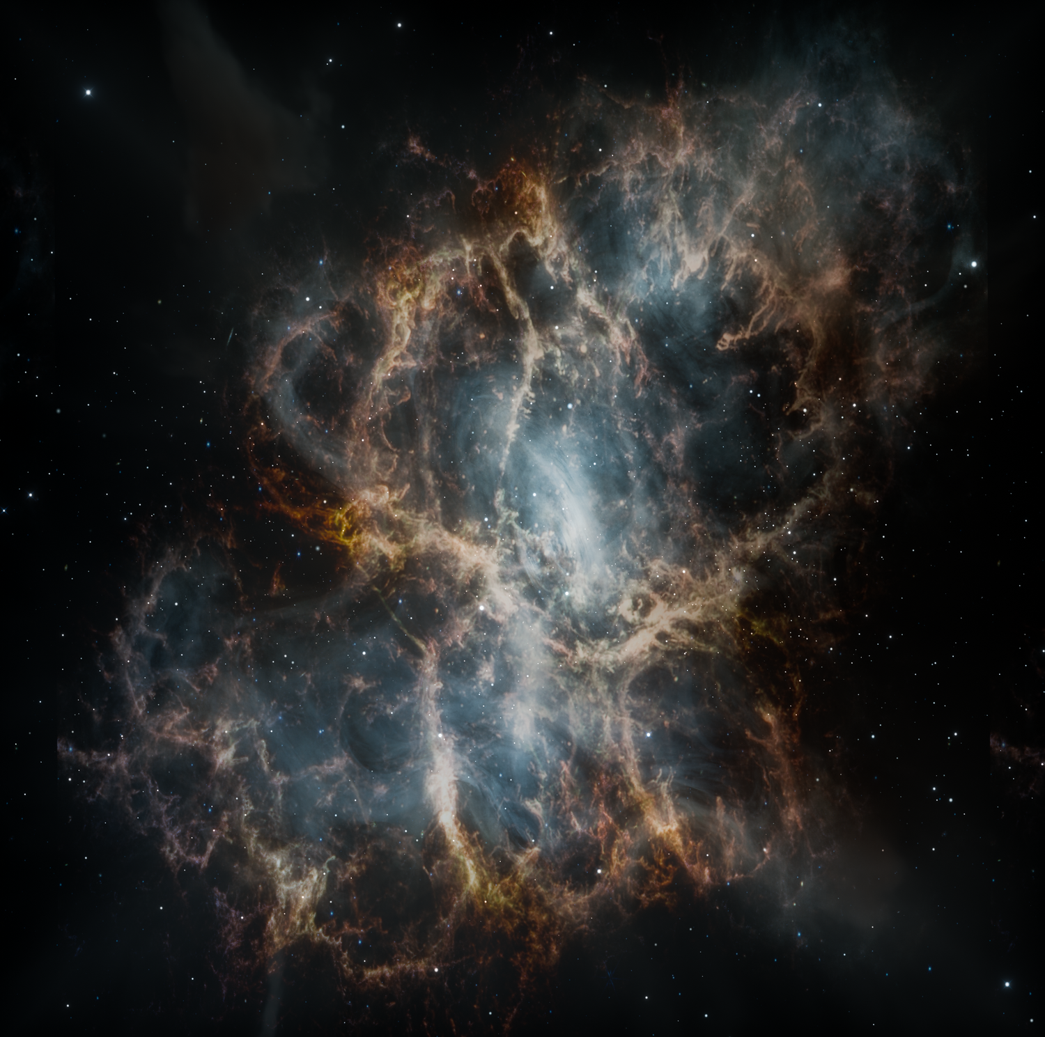 Vista de alta resolución de la Nebulosa del Cangrejo, el remanente de una supernova que alberga un púlsar en su centro.